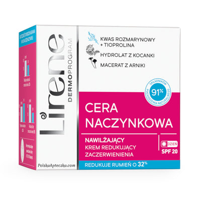 Lirene, Cera Naczynkowa Nawilżający krem redukujący zaczerwienienia SPF 20 50ml